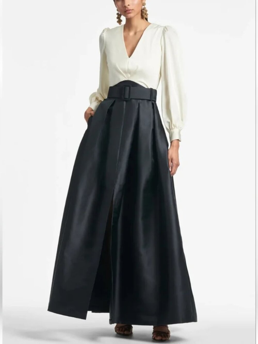 Sachin + Babi Zoe Long Sleeve Mikado Gown in Ivory and Black